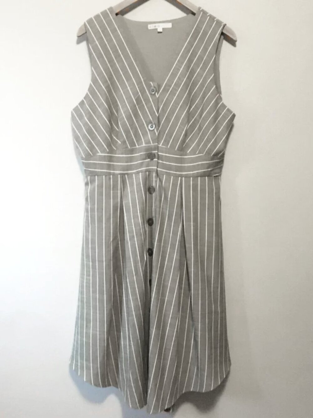 Modern Academia Striped Linen Look Midi Button Down Dress 14